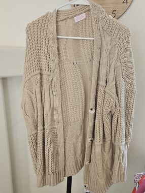 Pink Lily Beige Chunky Knit Button Front Cardigan